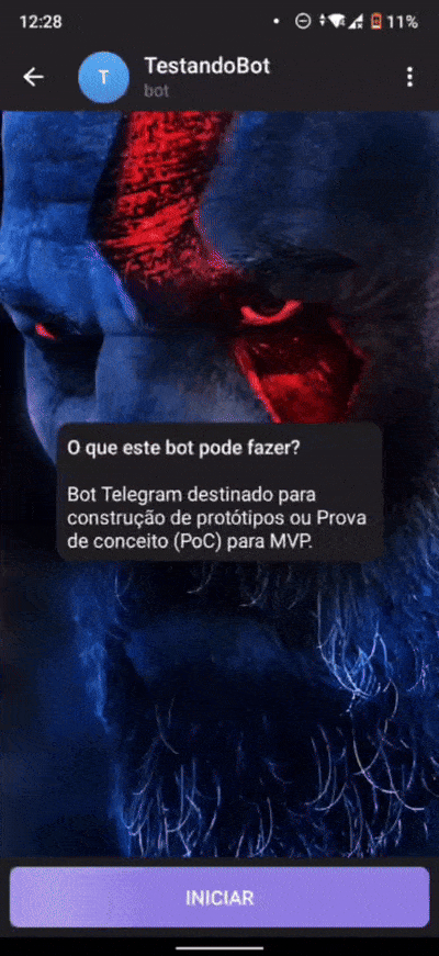 Esse gif apresenta uma demonstração do conceito do Bot Telegram construído até agora.